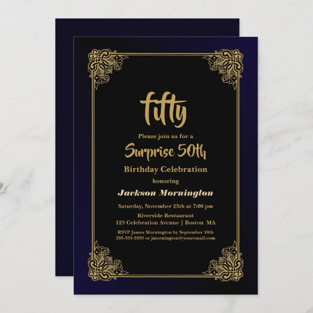 Guld Gräns Surprise 50:e Födelsedagsfesten Inbjudningar (Fram/baksida)