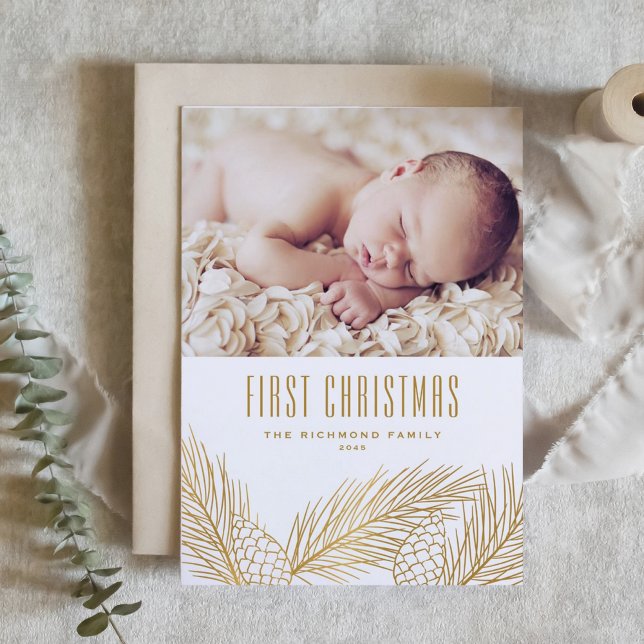 Guld Gräs Nål Baby, första julfoto Helgkort (Skapare uppladdad)