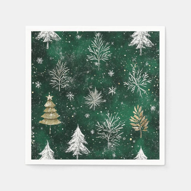 Guld Gräs träd Silver Snöflingor Hunter Grönt Pappersservett (Framsidan)