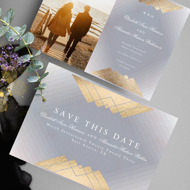 Guld Grått Geometric Gatsby Foil Save Date Meddelande (Skapare uppladdad)