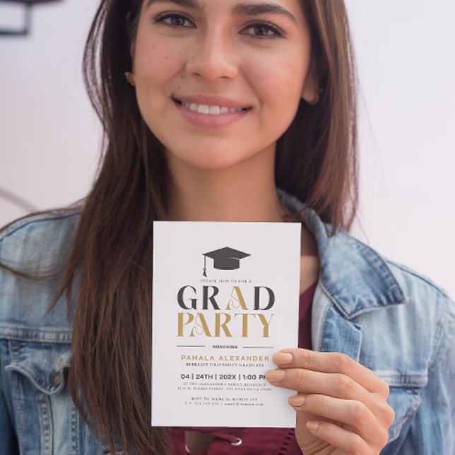 Guld Grått Grad Party Retro Typography on White Inbjudningar (Skapare uppladdad)