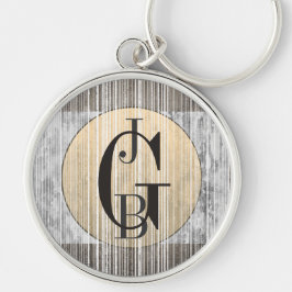 Guld, Grått Marble och Rand Mönster Rund Silverfärgad Nyckelring