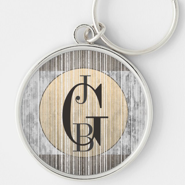 Guld, Grått Marble och Rand Mönster Rund Silverfärgad Nyckelring (Framsidan)