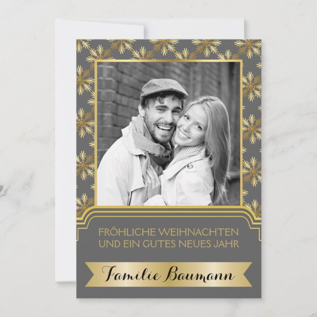 Guld, grått snowflake Frohe Weihnachten-foto Julkort (Framsida)