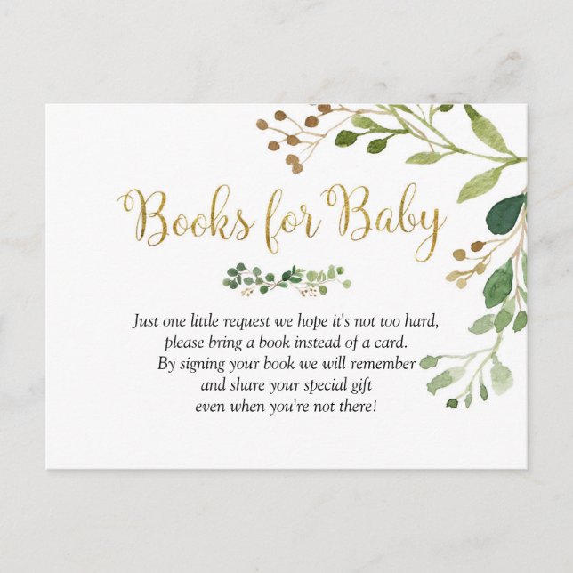 Guld Greenery Baby Shower Bokar för Baby Inbjudan Vykort (Framsida)