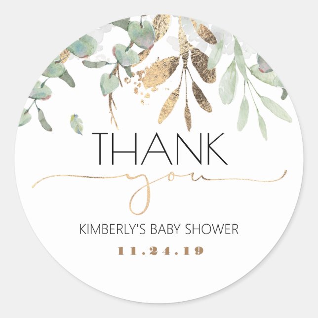 Guld Greenery Baby Shower Runt Klistermärke (Framsida)