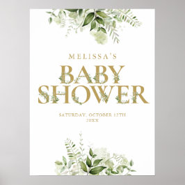 Guld Greenery Brev Baby Shower Sign Poster