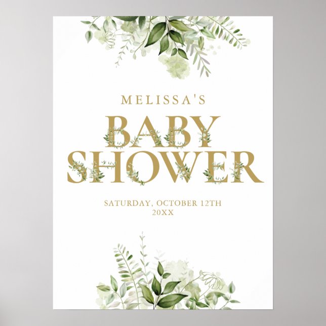 Guld Greenery Brev Baby Shower Sign Poster (Framsidan)