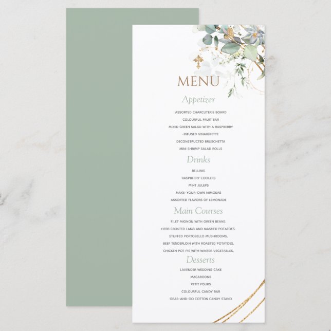 Guld Greenery Eucalyptus Boy Baptism Menu Meny (Fram/baksida)