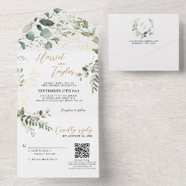 Guld Greenery Eucalyptus Monogram QR Code Bröllop