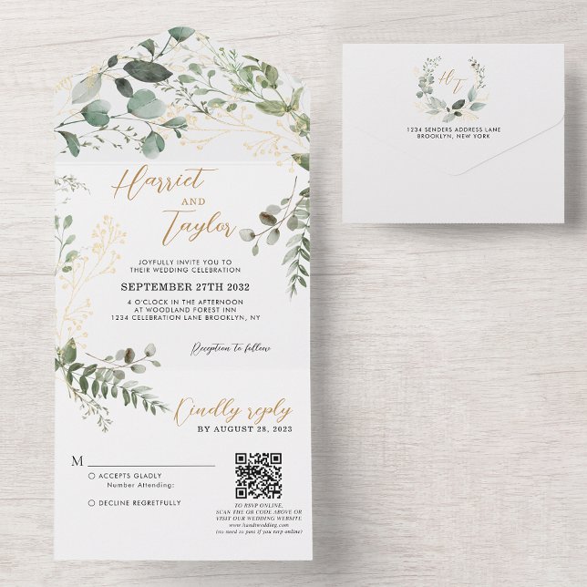 Guld Greenery Eucalyptus Monogram QR Code Bröllop (Skapare uppladdad)