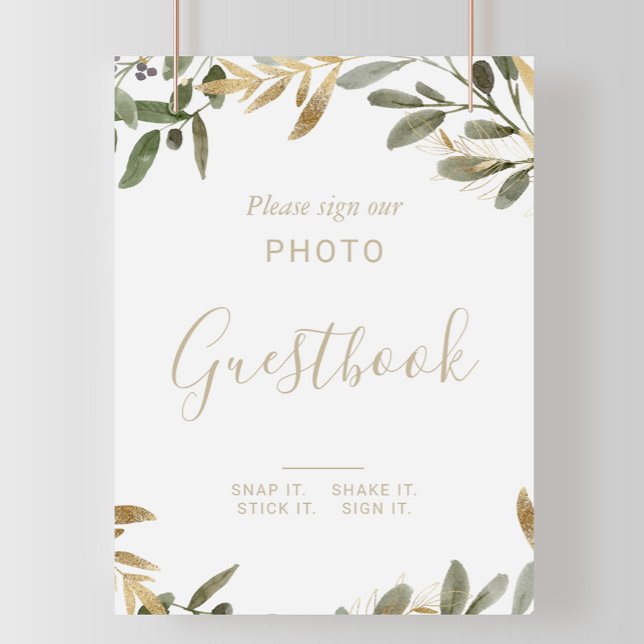 Guld Greenery Fall Wedding Photo Guestbook-tecken Poster (Skapare uppladdad)