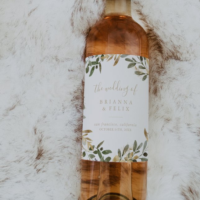 Guld Greenery Fall Wedding Vin-etiketter Vinflaska Etikett (Skapare uppladdad)