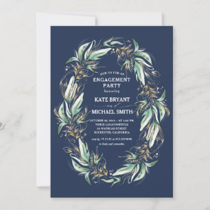 Guld Greenery Foliage Navy Blue Förlovningsfest Inbjudningar