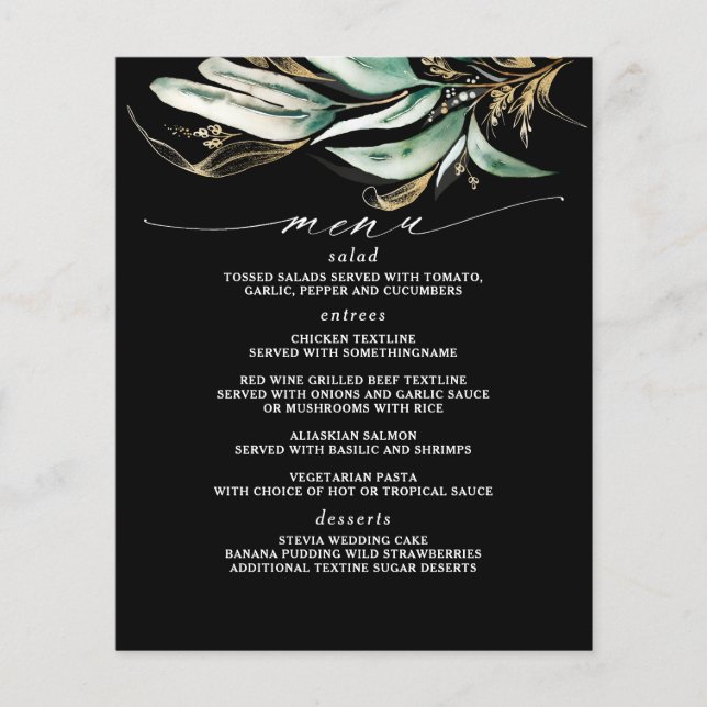 Guld Greenery Gren Black Menu Flygblad (Framsidan)