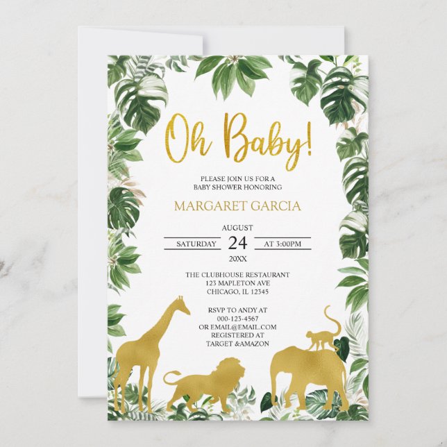  Guld Greenery Jungle Safari Animals Baby Shower Inbjudningar (Framsida)
