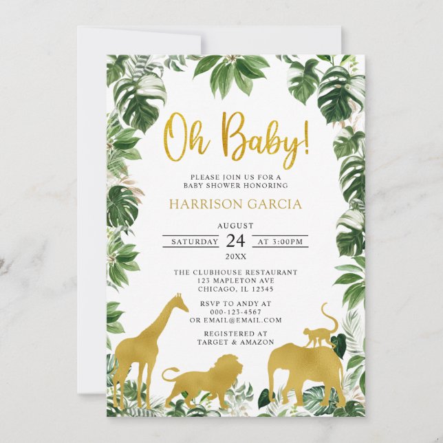 Guld Greenery Jungle Safari Animals Baby Shower Inbjudningar (Framsida)