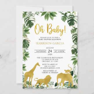Guld Greenery Jungle Safari Animals Baby Shower Inbjudningar