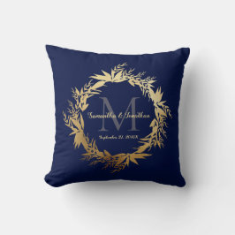 Guld Greenery Monogram Navy Blue Bröllop Keepsaky Kudde