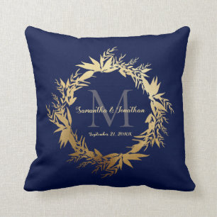 Guld Greenery Monogram Navy Blue Bröllop Keepsaky Kudde