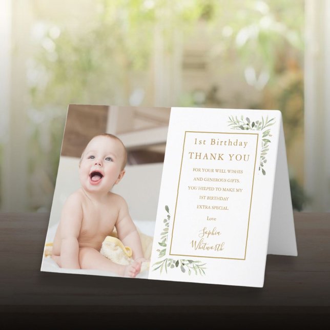guld Greenery Photo 1:a födelsedag Elegant Tack Kort (1st Birthday Elegant Gold Greenery Photo Thank You Card)