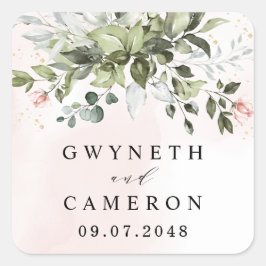 Guld Greenery Succuly Dusty Blue Bröllop Fyrkantigt Klistermärke