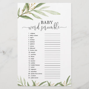 guld greenery vid babyduschspelet i ord i baby