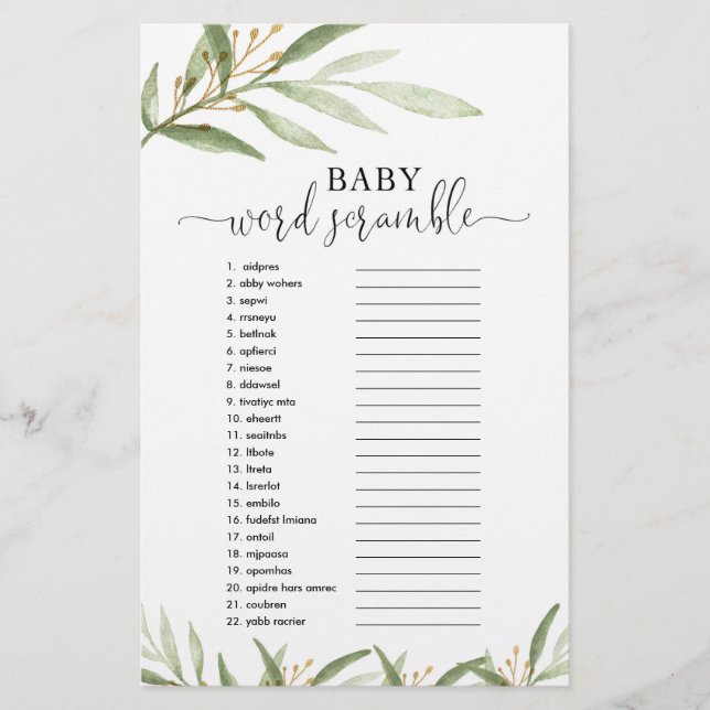 guld greenery vid babyduschspelet i ord i baby (Framsida)