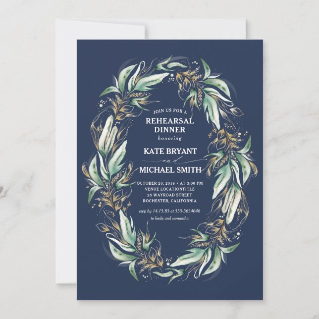 Guld Greenery Wandan Navy Blue Rehearsal Dinner Inbjudningar (Framsida)