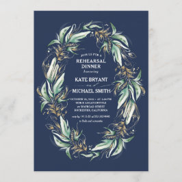Guld Greenery Wandan Navy Blue Rehearsal Dinner Inbjudningar