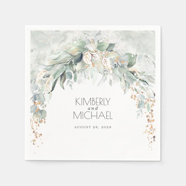 Guld Grey och Eucalyptus Löv Bröllop Pappersservett (Framsidan)