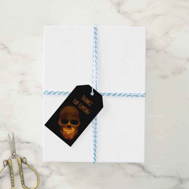 Guld grinande dödskalle Halloween-fest Presentetikett (Med Snöre)