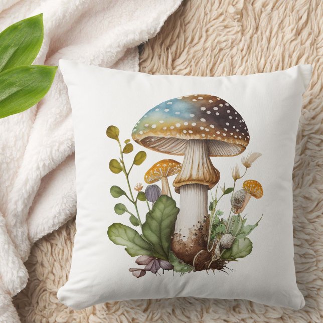 Guld Grön Blå Skog Svamp Söt Akvarell Kudde (Add cottagecore charm to your home with this cute gold, green + blue mushroom throw pillow.)