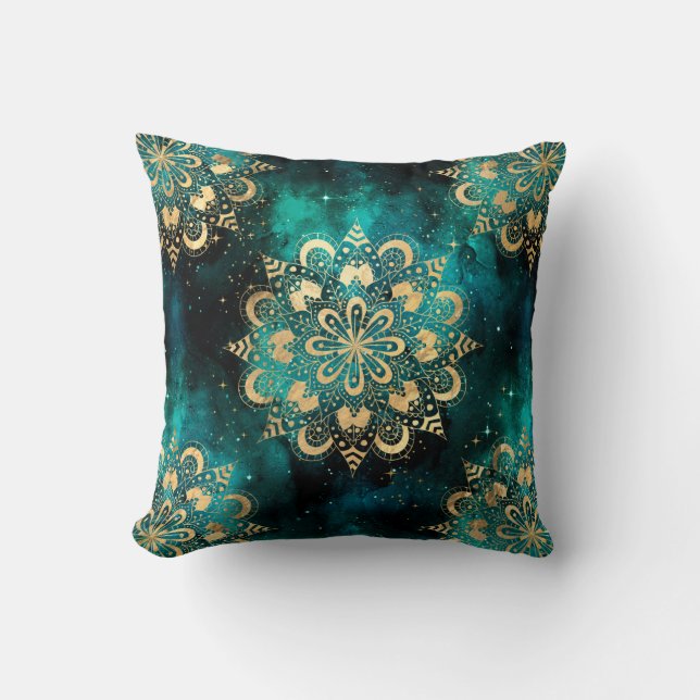 Guld & Grön Galax Dharma Mandala Mönster Kudde (Framsida)