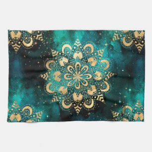 Guld & Grön Galaxy Dharma Mandala Mönster Kökshandduk