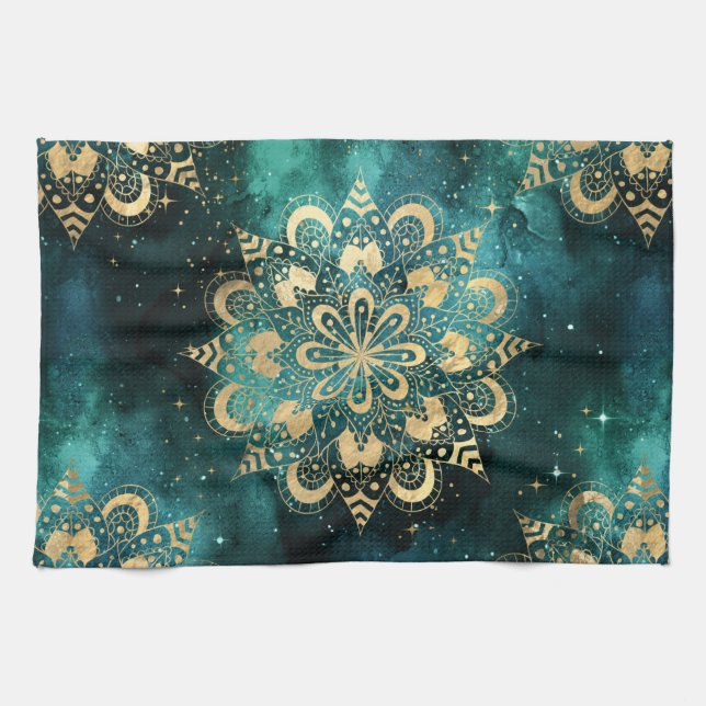 Guld & Grön Galaxy Dharma Mandala Mönster Kökshandduk (Horisontell)