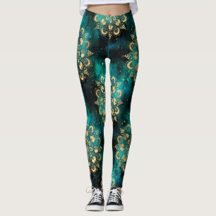 Guld & Grön Galaxy Dharma Mandala Mönster Leggings