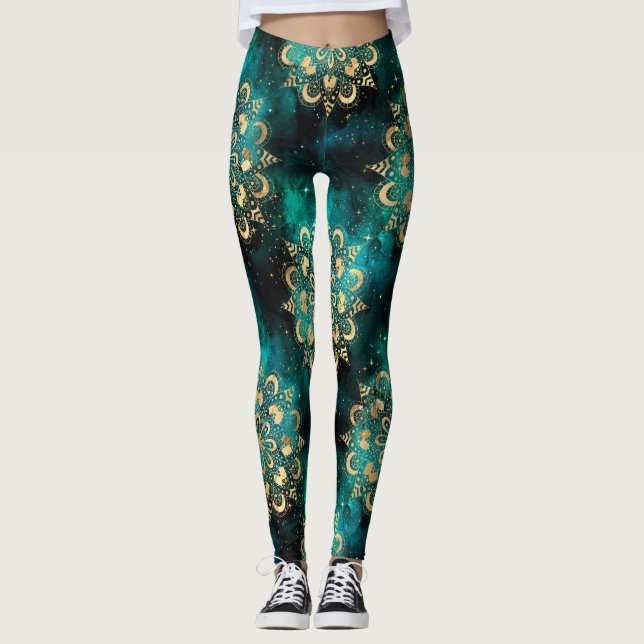 Guld & Grön Galaxy Dharma Mandala Mönster Leggings (Framsida)