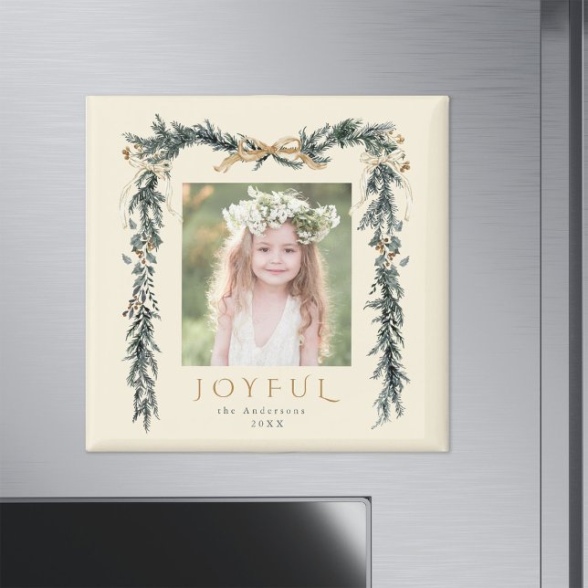 Guld & Grön Jul Ram Foto Glädjefull Elfenben Magnet (Skapare uppladdad)