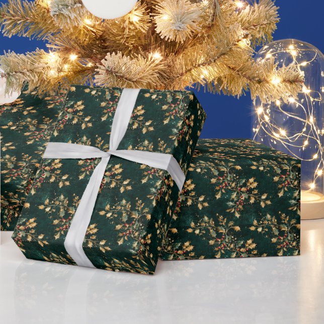 Guld & Grön Julmistel Mönster Presentpapper (Helgdagar)