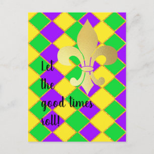 Guld Grön Lila Mardi Gras Harlekin Mönster   Vykort