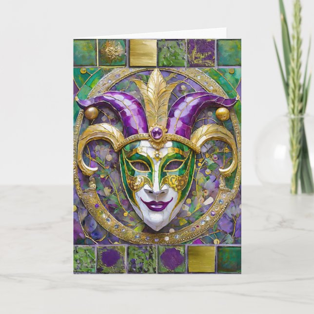Guld Grön Lila Mardi Gras Narr Mask Kort (Framsida)