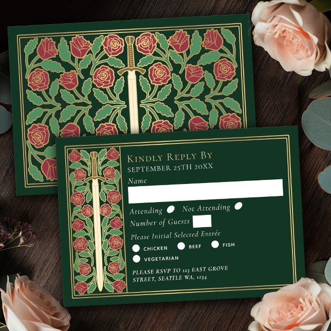 Guld Grön Medeltida Blommig Svärd Bröllop RSVP OSA Kort (Skapare uppladdad)