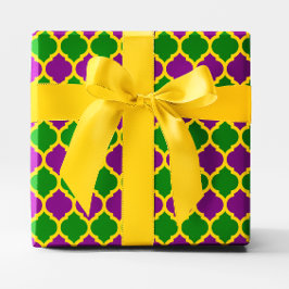 Guld Grön och Lila Mardi Gras Quatrefoil Presentpapper