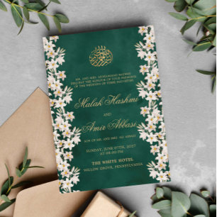 Guld & Grön Vit Blommig Islamisk Muslimsk Bröllop Inbjudningar