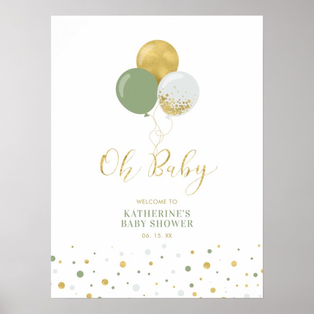 Guld & Gröna Ballonger | Pojk Babyshower Välkomsts Poster (Framsidan)