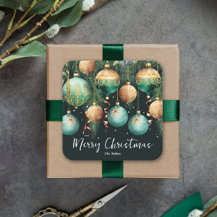 Guld Gröna God Jul Ornamenter Fyrkantigt Klistermärke