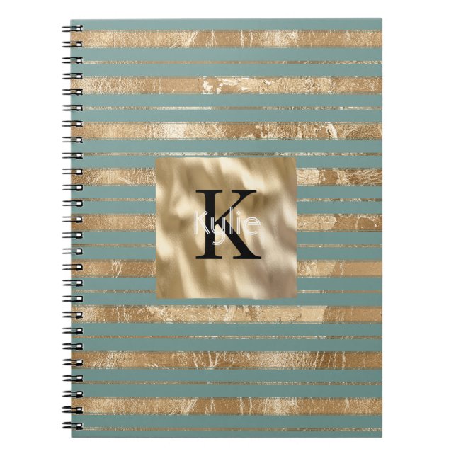 Guld Gröna Ränder Monogram Namn Anteckningsbok (Framsidan)