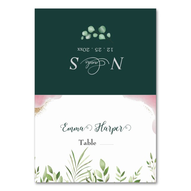 Guld Grönska Utskrivbara Bröllopsplatskort Bordsnummer (Framsidan)