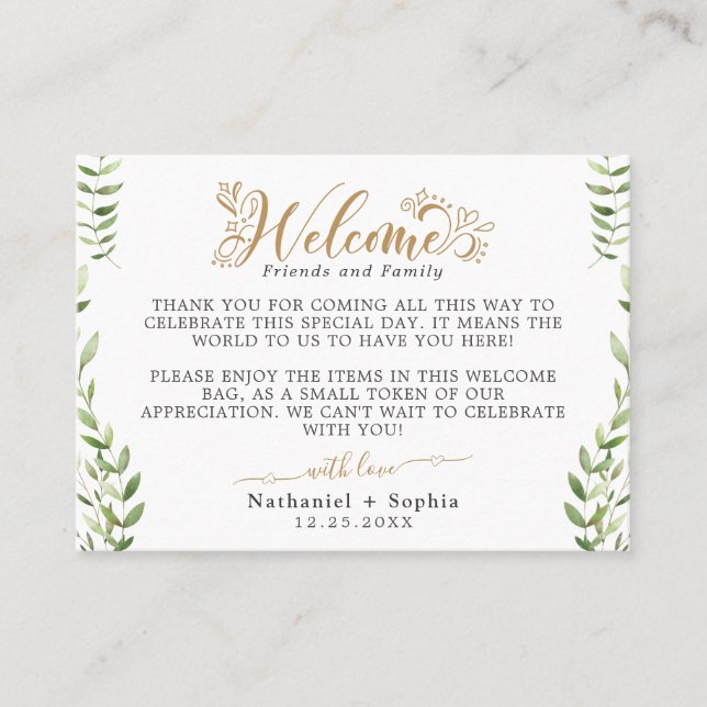 Guld Grönska Välkomstpresent Påse Korg Platskort Placeringskort (Framsida)